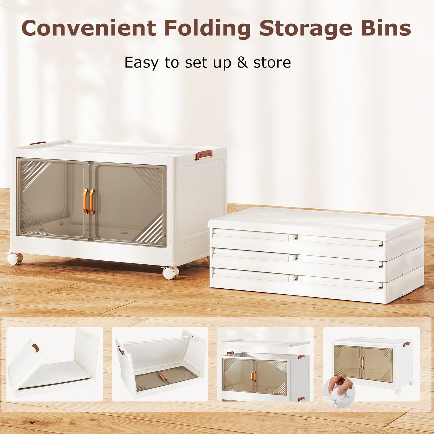 284L Foldable Plastic Box on Wheels 4-Tier Stackable Storage Bins with Lids-White