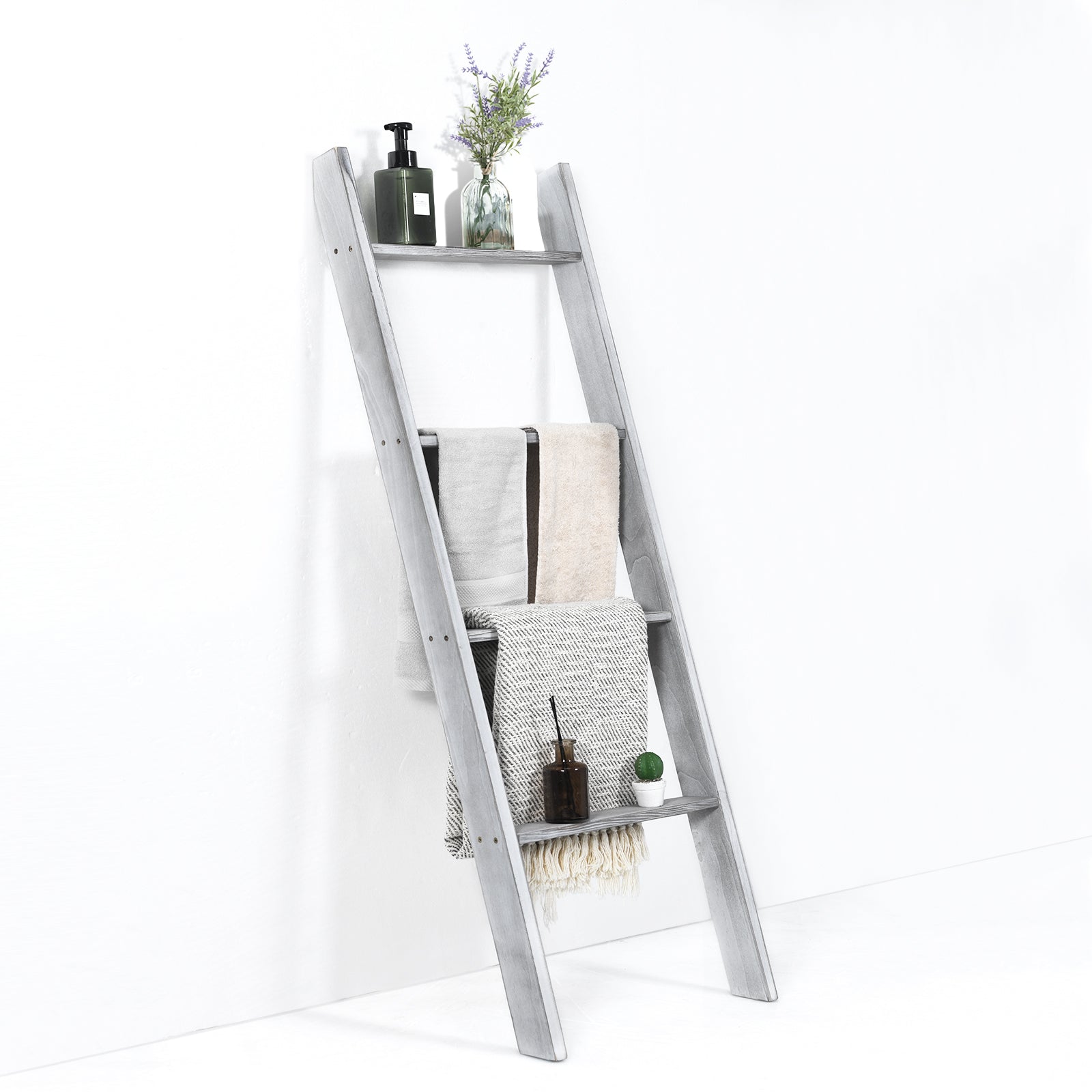 4-Tier Wooden Wall Leaning Ladder Shelf for Bathroom Living Room-Grey