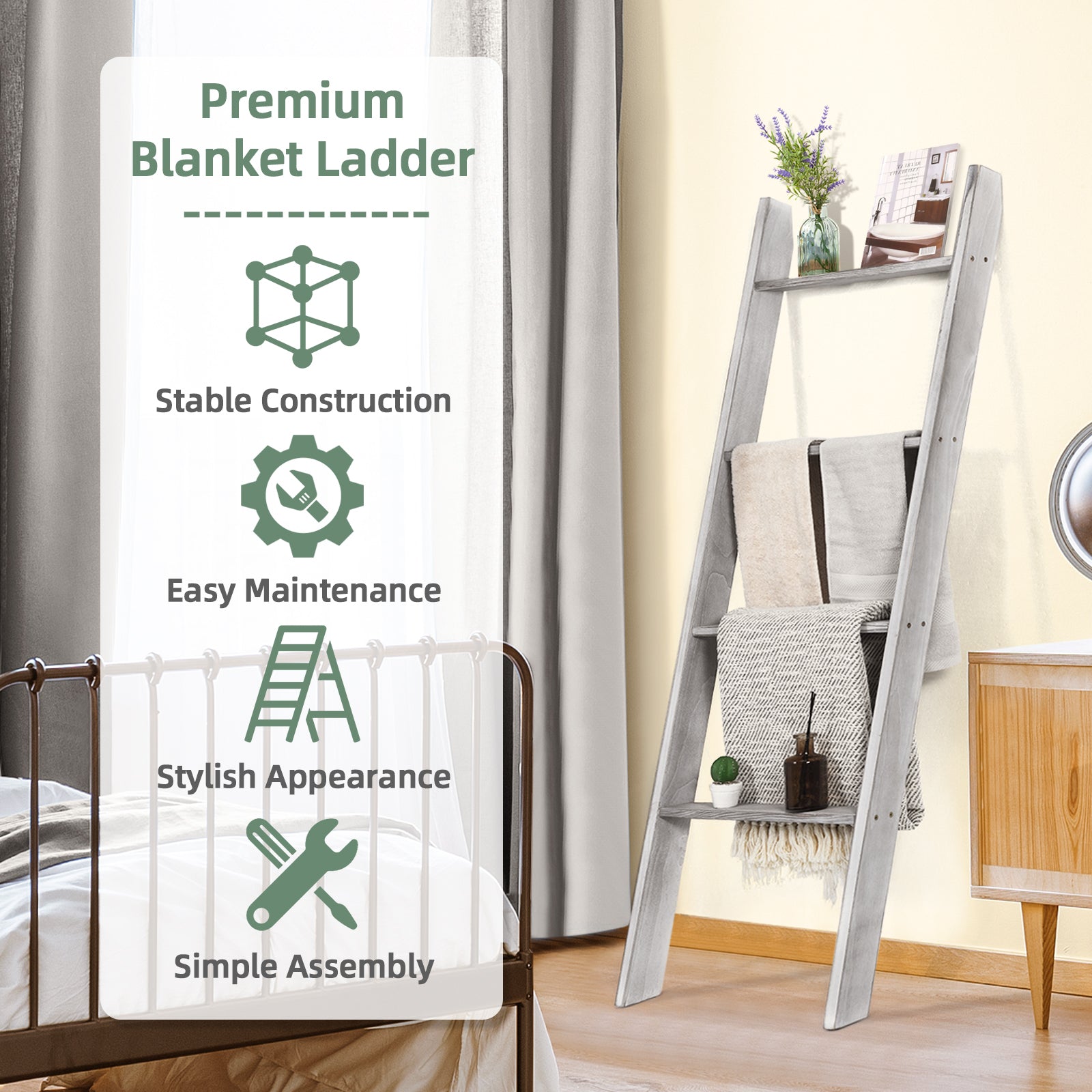 4-Tier Wooden Wall Leaning Ladder Shelf for Bathroom Living Room-Grey