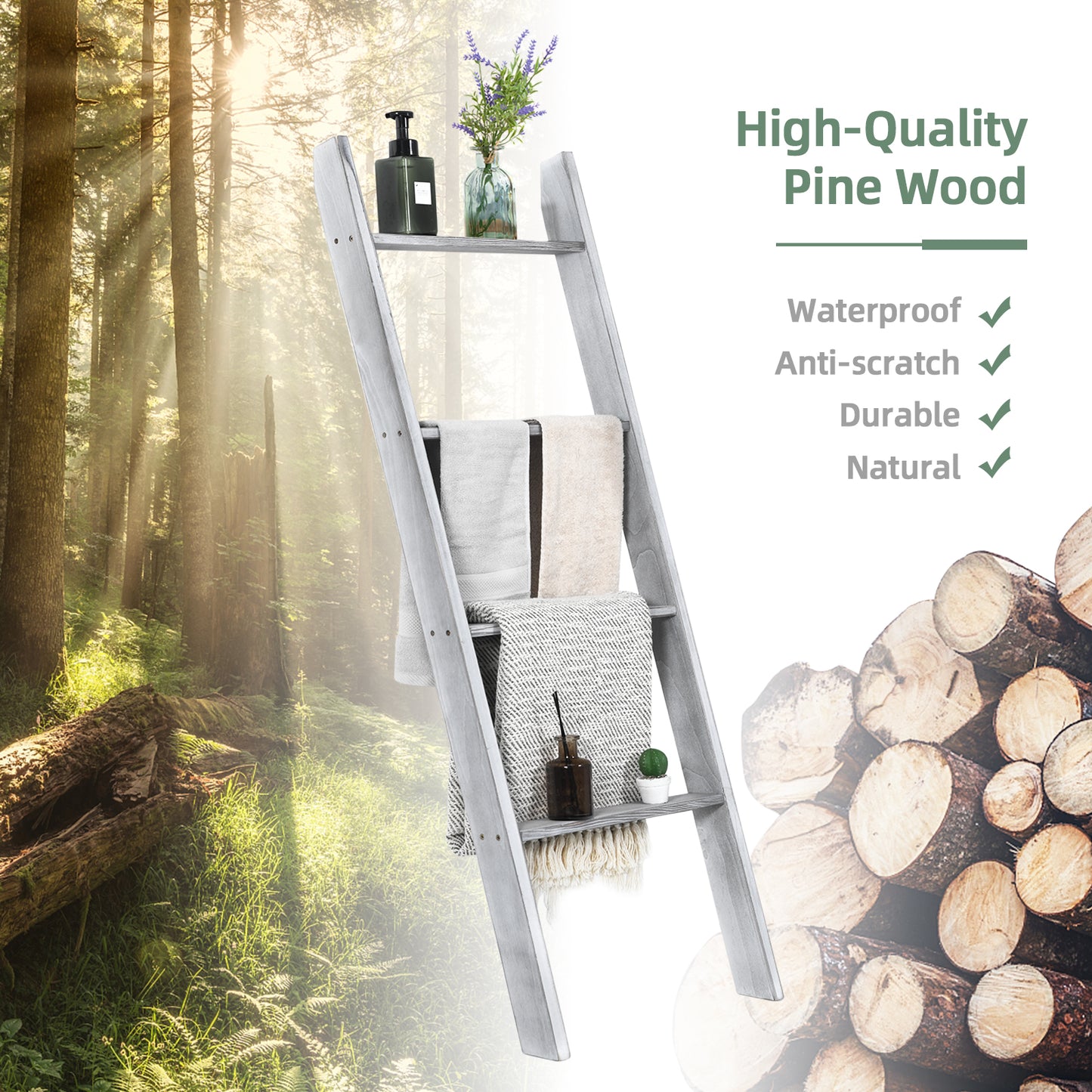 4-Tier Wooden Wall Leaning Ladder Shelf for Bathroom Living Room-Grey