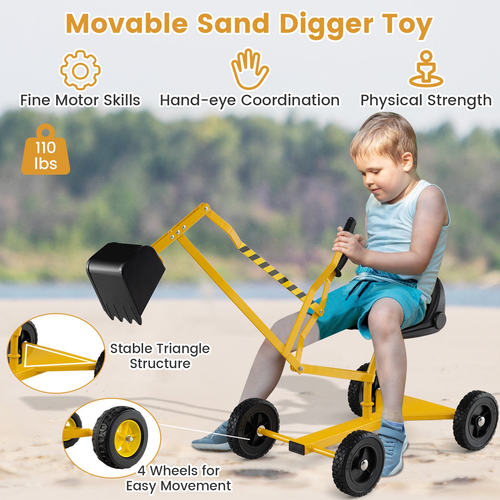 4 Wheels Construction Excavator with Ergonomic Backrest for Ages 3+-Yellow
