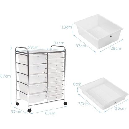 15 Drawer Rolling Storage Cart with Wheels for Home Office Clear