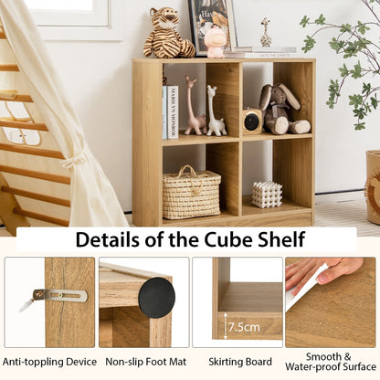 Costway 4-Cube Bookcase Storage Organizer with 2 Anti-Tipping Kits for Office-Natural