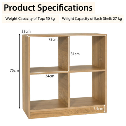 Costway 4-Cube Bookcase Storage Organizer with 2 Anti-Tipping Kits for Office-Natural