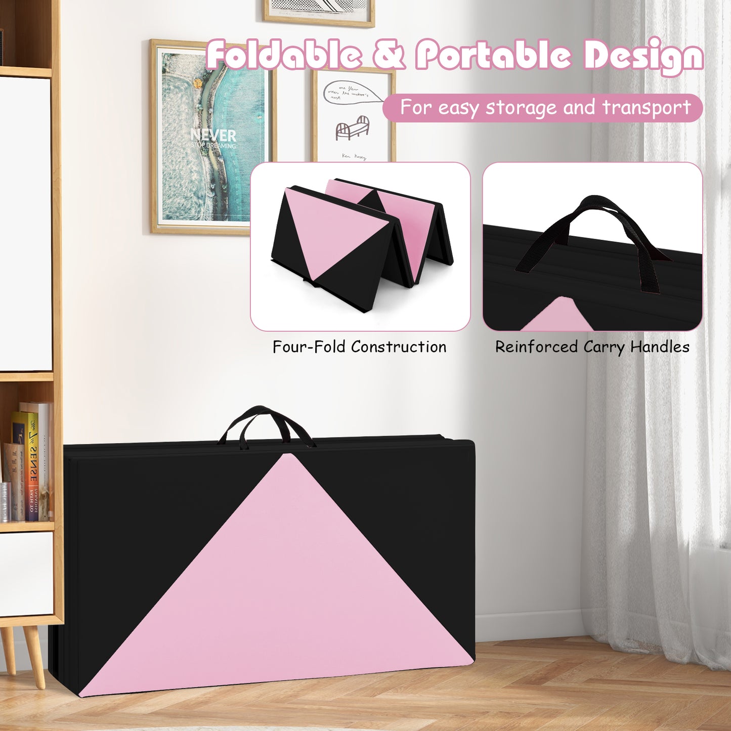 240 x 117 x 5 cm Gymnastics 4-fold Tumbling Exercise Mat for Home Gym Fitness-Pink