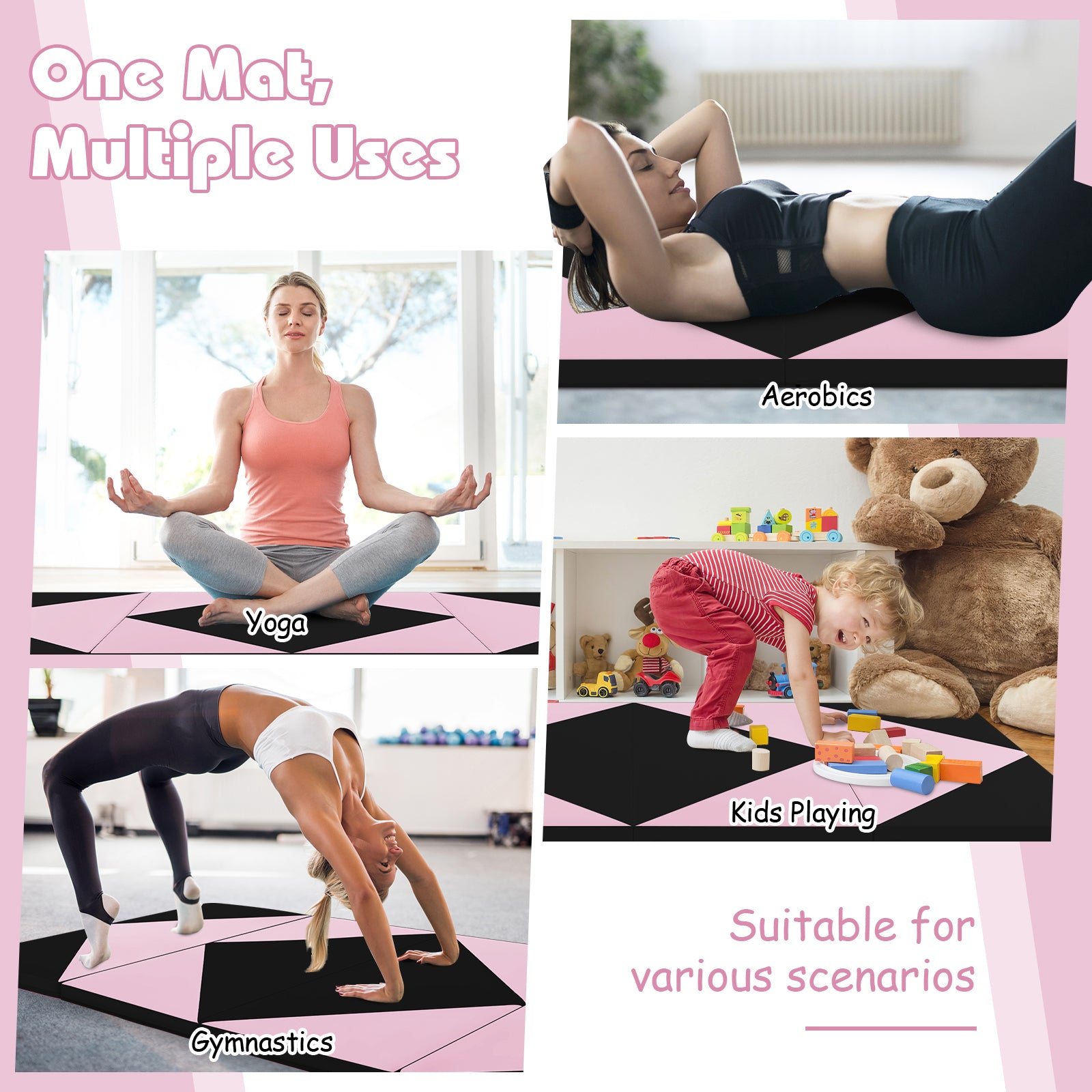 240 x 117 x 5 cm Gymnastics 4-fold Tumbling Exercise Mat for Home Gym Fitness-Pink