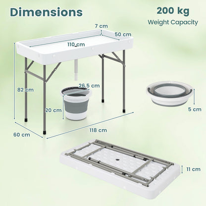 Portable Outdoor Cooler Table with Drain and Removable Matching Skirt-White