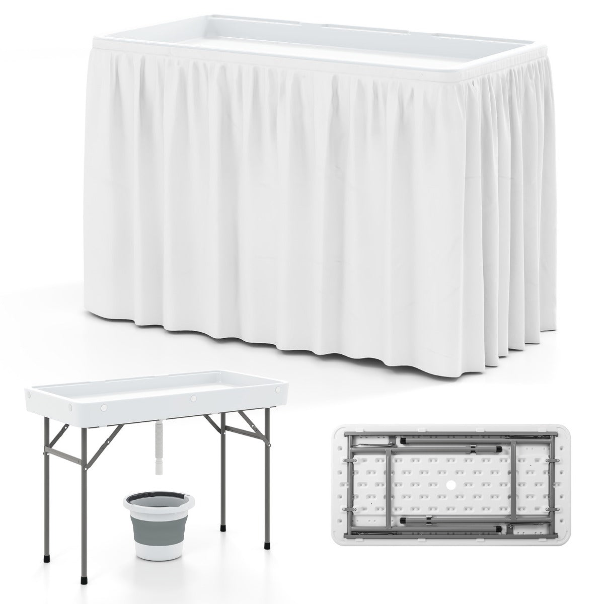 Portable Outdoor Cooler Table with Drain and Removable Matching Skirt-White