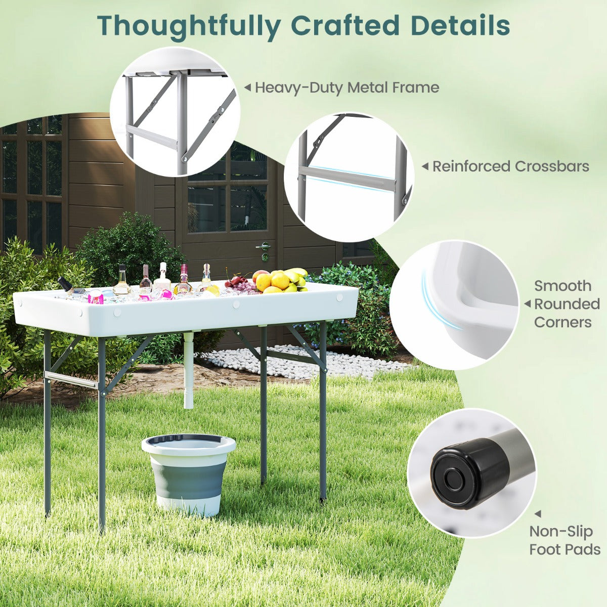 Portable Outdoor Cooler Table with Drain and Removable Matching Skirt-White