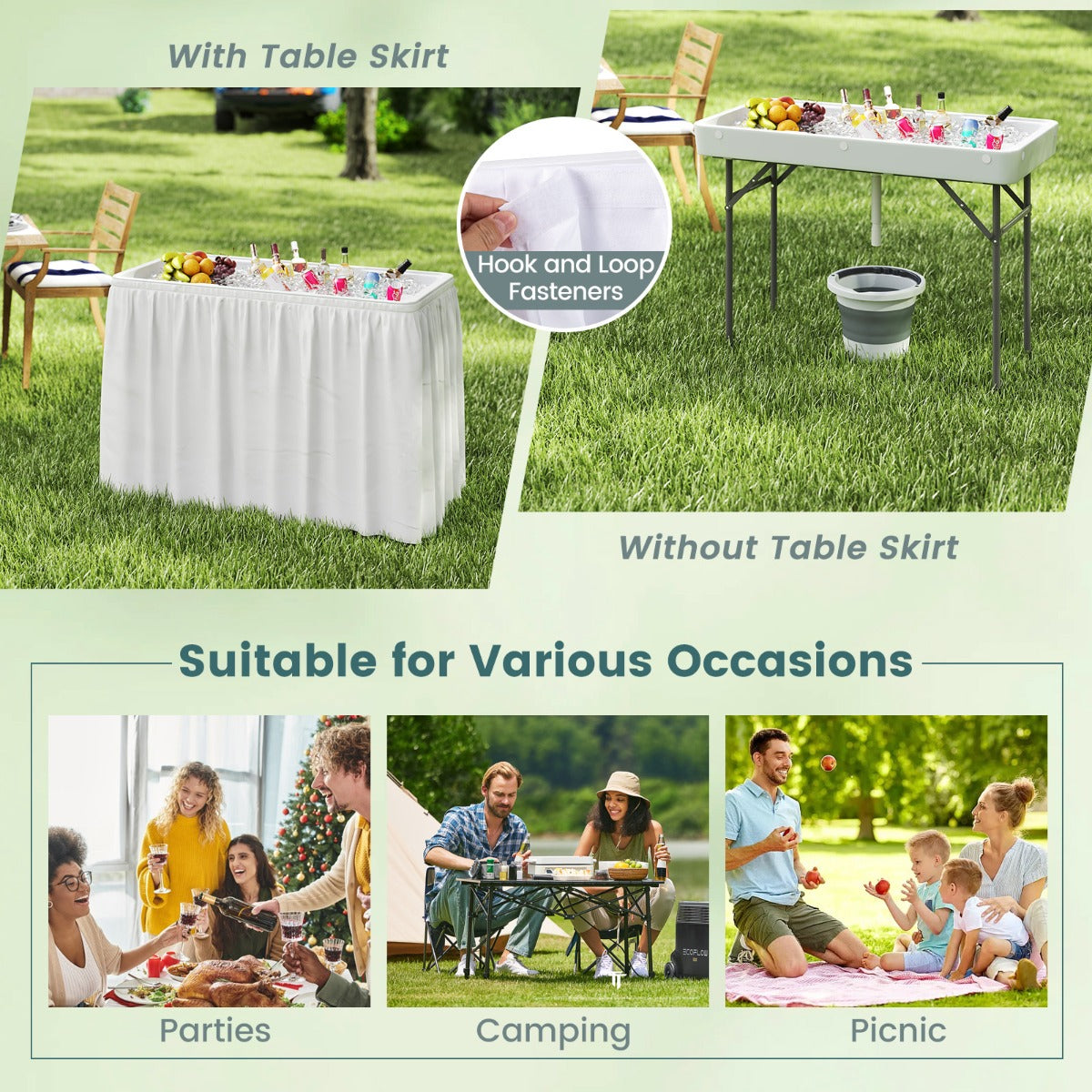 Portable Outdoor Cooler Table with Drain and Removable Matching Skirt-White