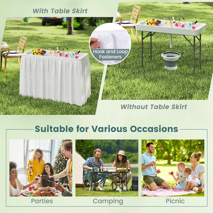 Portable Outdoor Cooler Table with Drain and Removable Matching Skirt-White