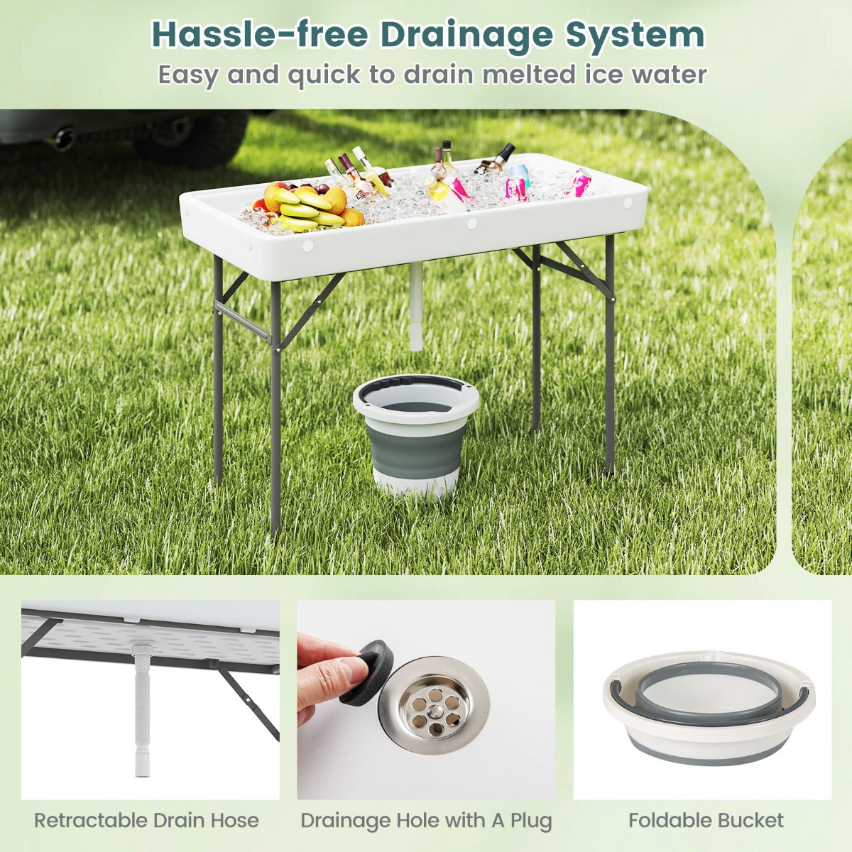 Portable Outdoor Cooler Table with Drain and Removable Matching Skirt-White