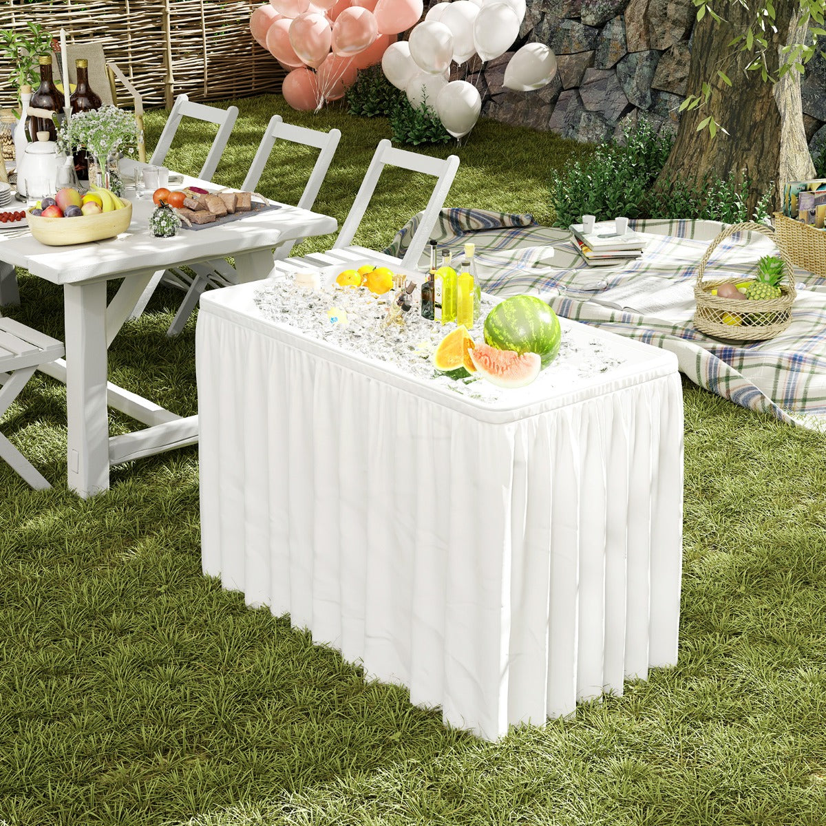 Portable Outdoor Cooler Table with Drain and Removable Matching Skirt-White