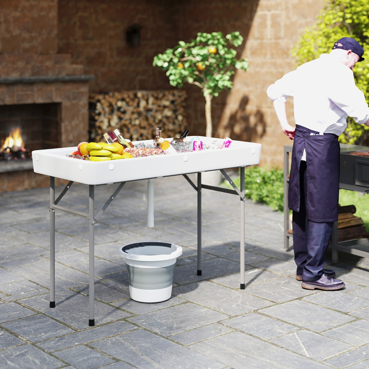 Portable Outdoor Cooler Table with Drain and Removable Matching Skirt-White