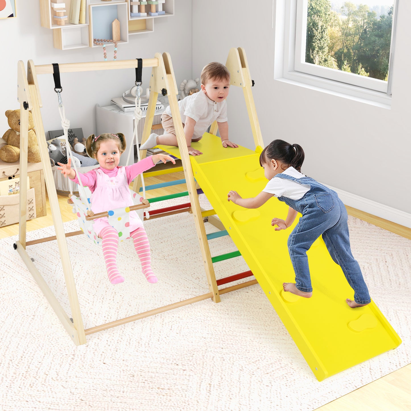 4-in-1 Indoor Jungle Gym Playground with Baby Swing Resting Platform-Multicolour