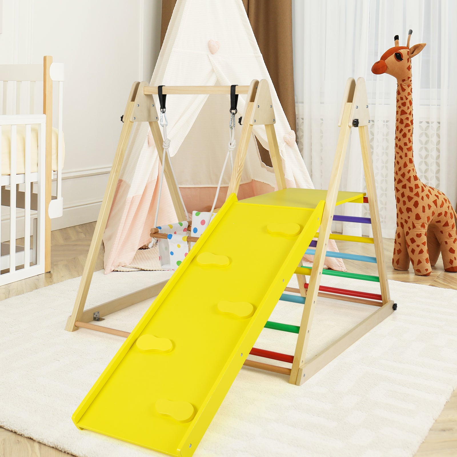 4-in-1 Indoor Jungle Gym Playground with Baby Swing Resting Platform-Multicolour