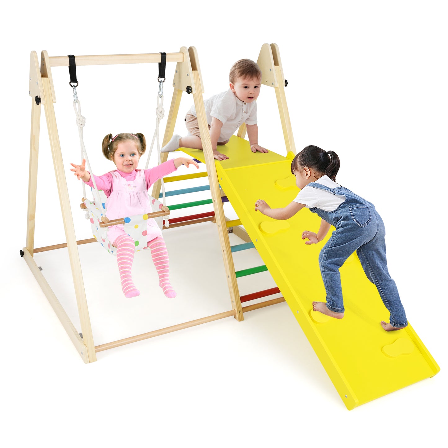 4-in-1 Indoor Jungle Gym Playground with Baby Swing Resting Platform-Multicolour