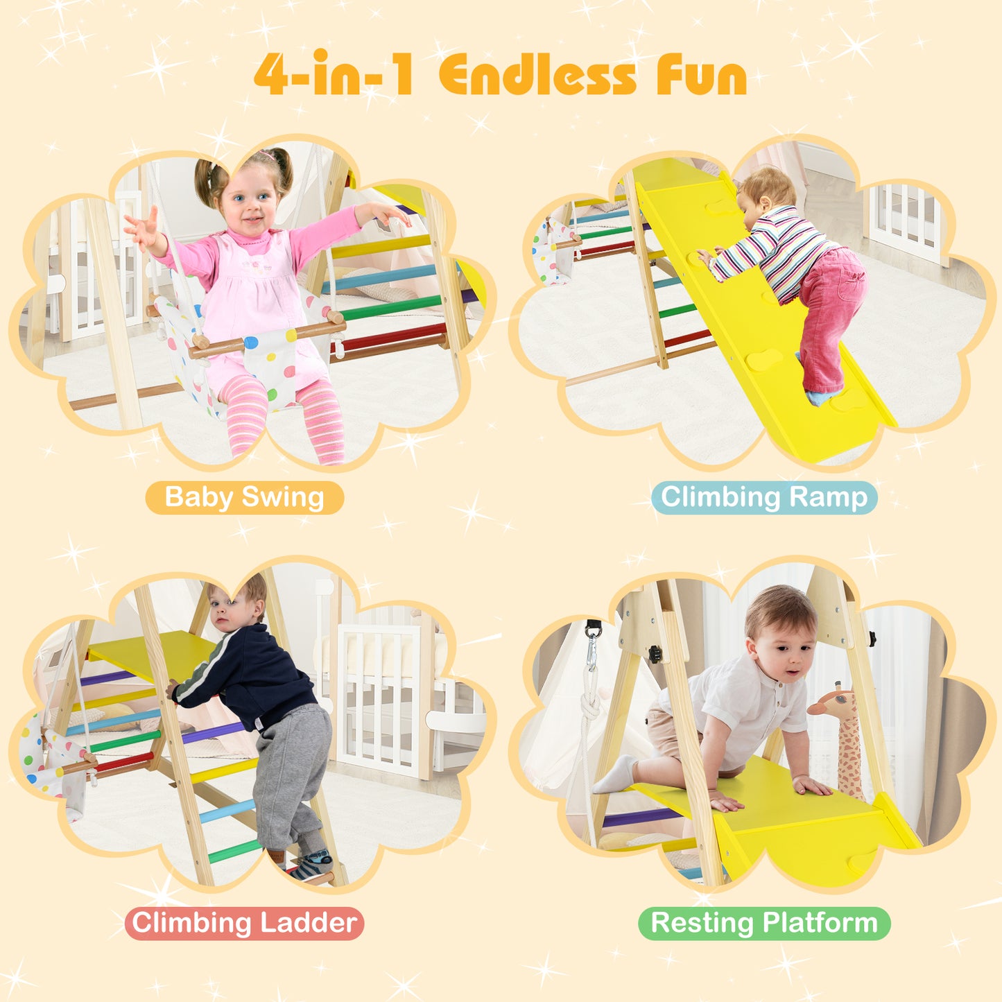 4-in-1 Indoor Jungle Gym Playground with Baby Swing Resting Platform-Multicolour