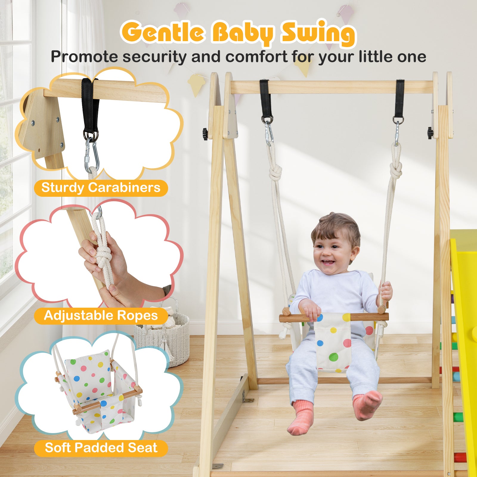 4-in-1 Indoor Jungle Gym Playground with Baby Swing Resting Platform-Multicolour