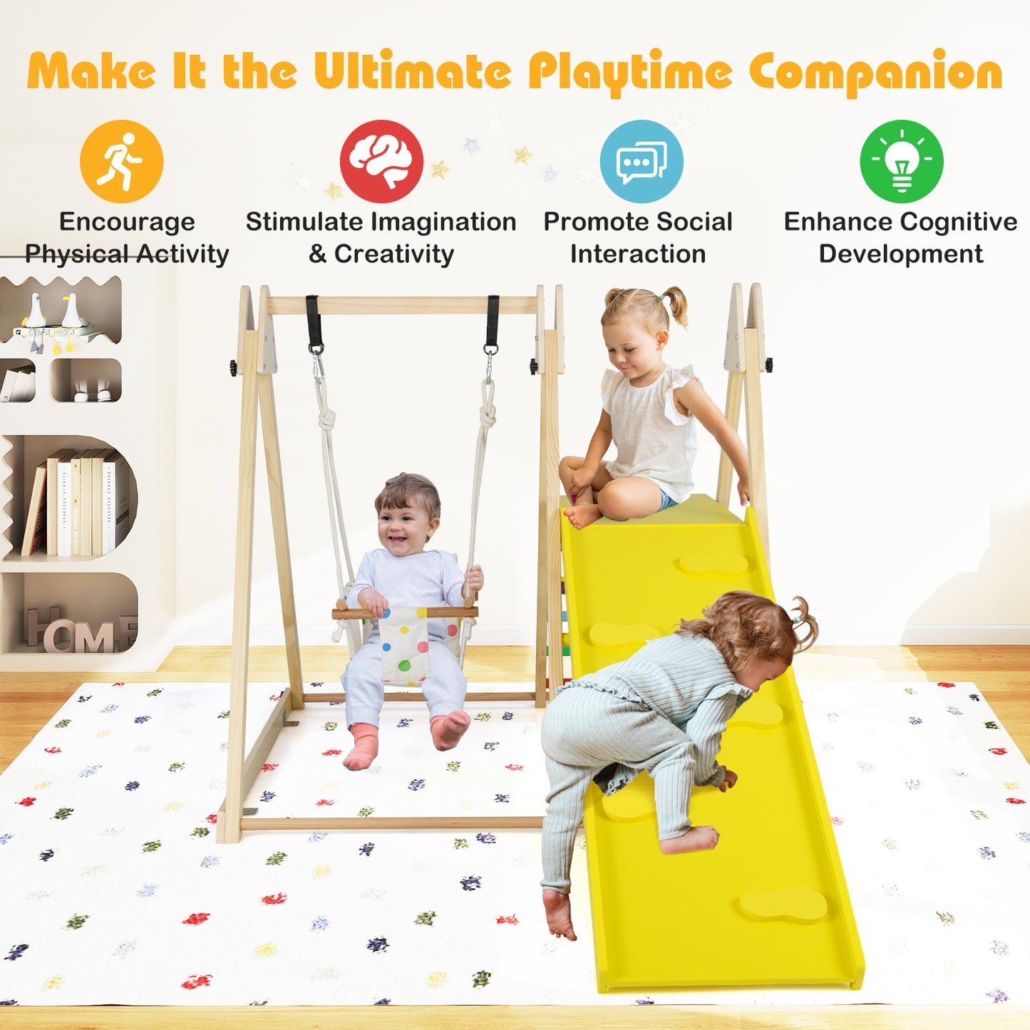 4-in-1 Indoor Jungle Gym Playground with Baby Swing Resting Platform-Multicolour
