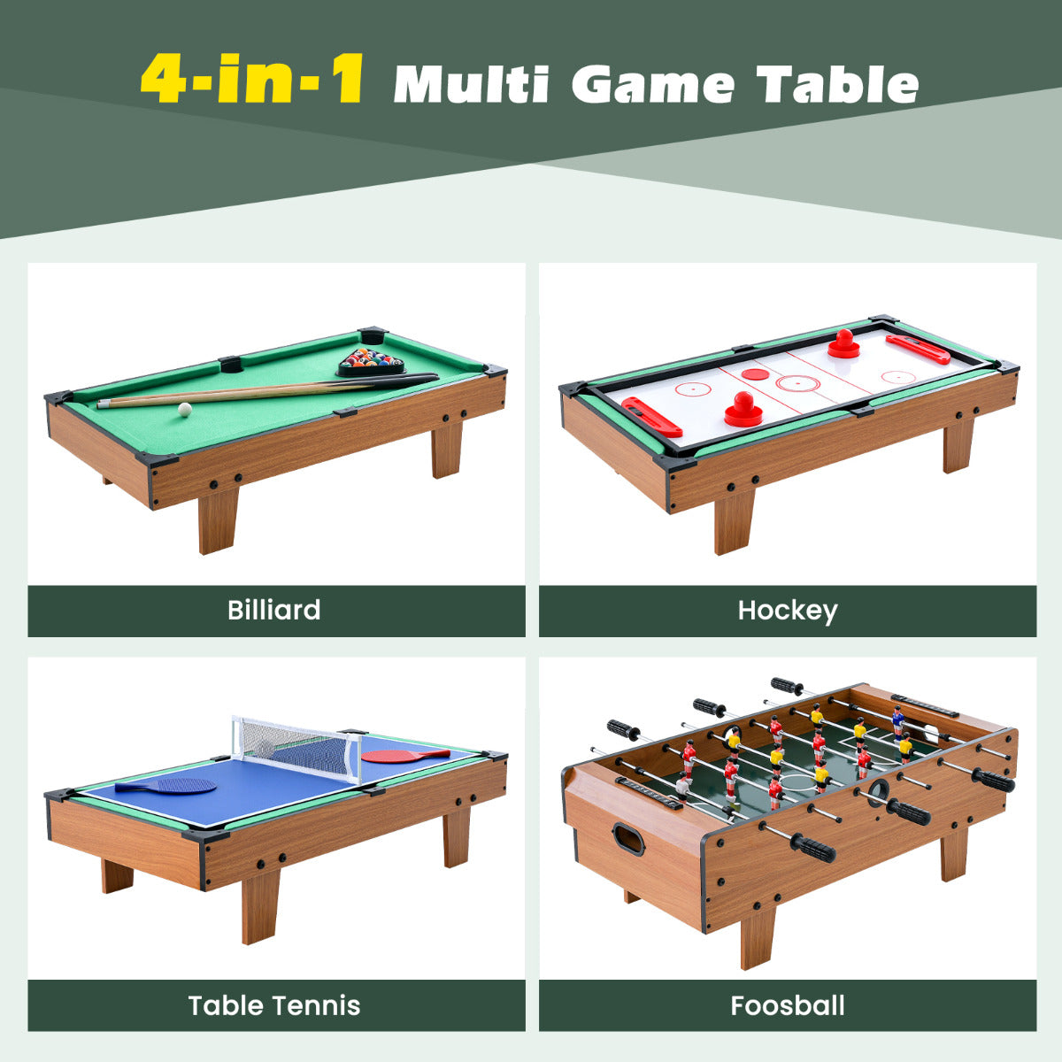 4 in 1 Combo Game Table Set with Billiards for Kids and Adults-Brown