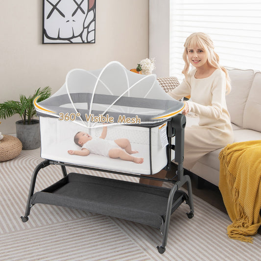 Height Adjustable Travel Cot with Mattress for 0-6 Months-Dark Grey