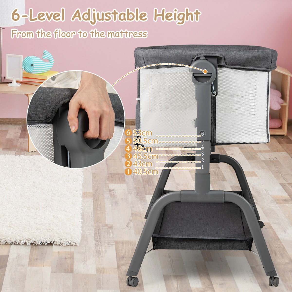Height Adjustable Travel Cot with Mattress for 0-6 Months-Dark Grey