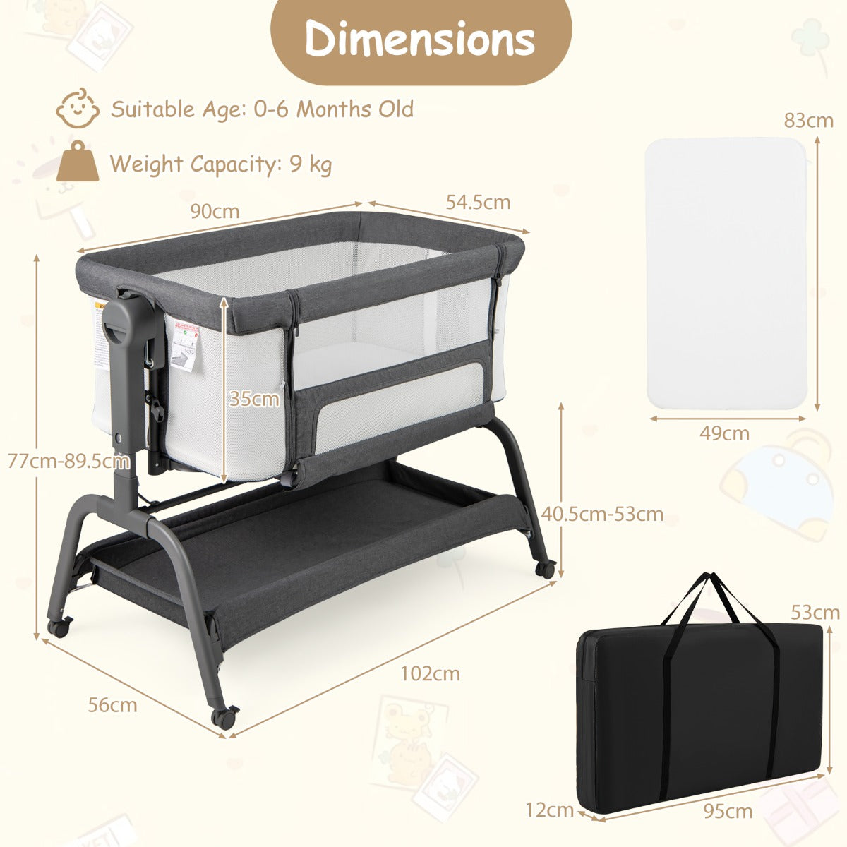 Height Adjustable Travel Cot with Mattress for 0-6 Months-Dark Grey