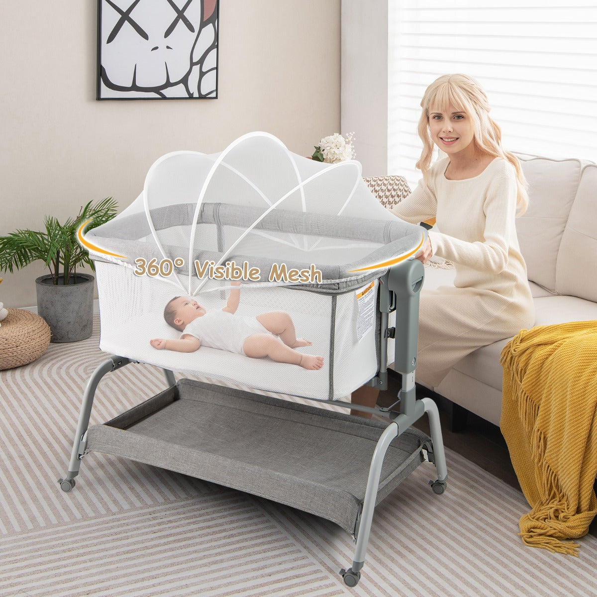 Height Adjustable Travel Cot with Mattress for 0-6 Months-Grey