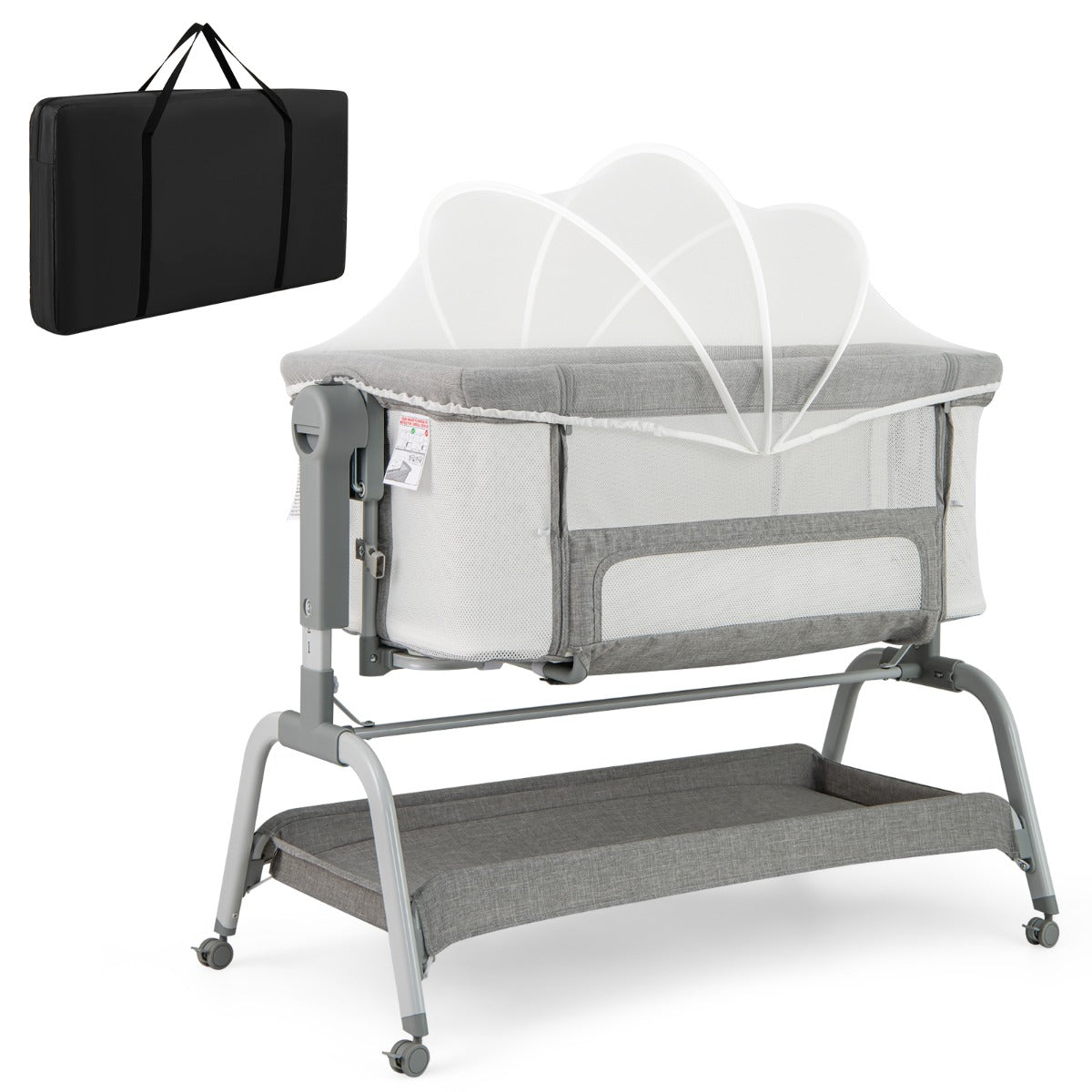 Height Adjustable Travel Cot with Mattress for 0-6 Months-Grey