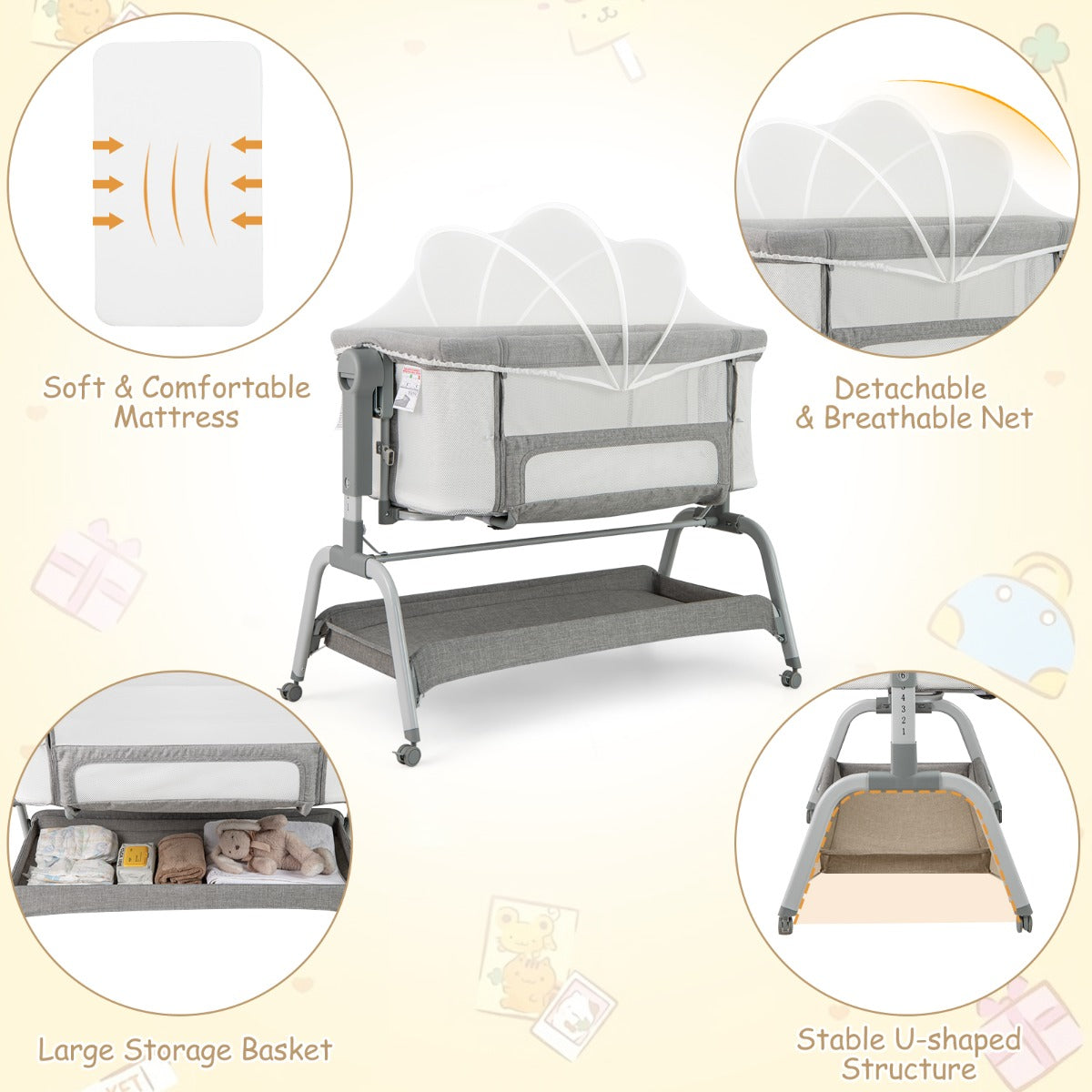 Height Adjustable Travel Cot with Mattress for 0-6 Months-Grey