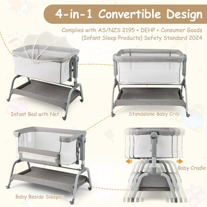 Height Adjustable Travel Cot with Mattress for 0-6 Months-Grey
