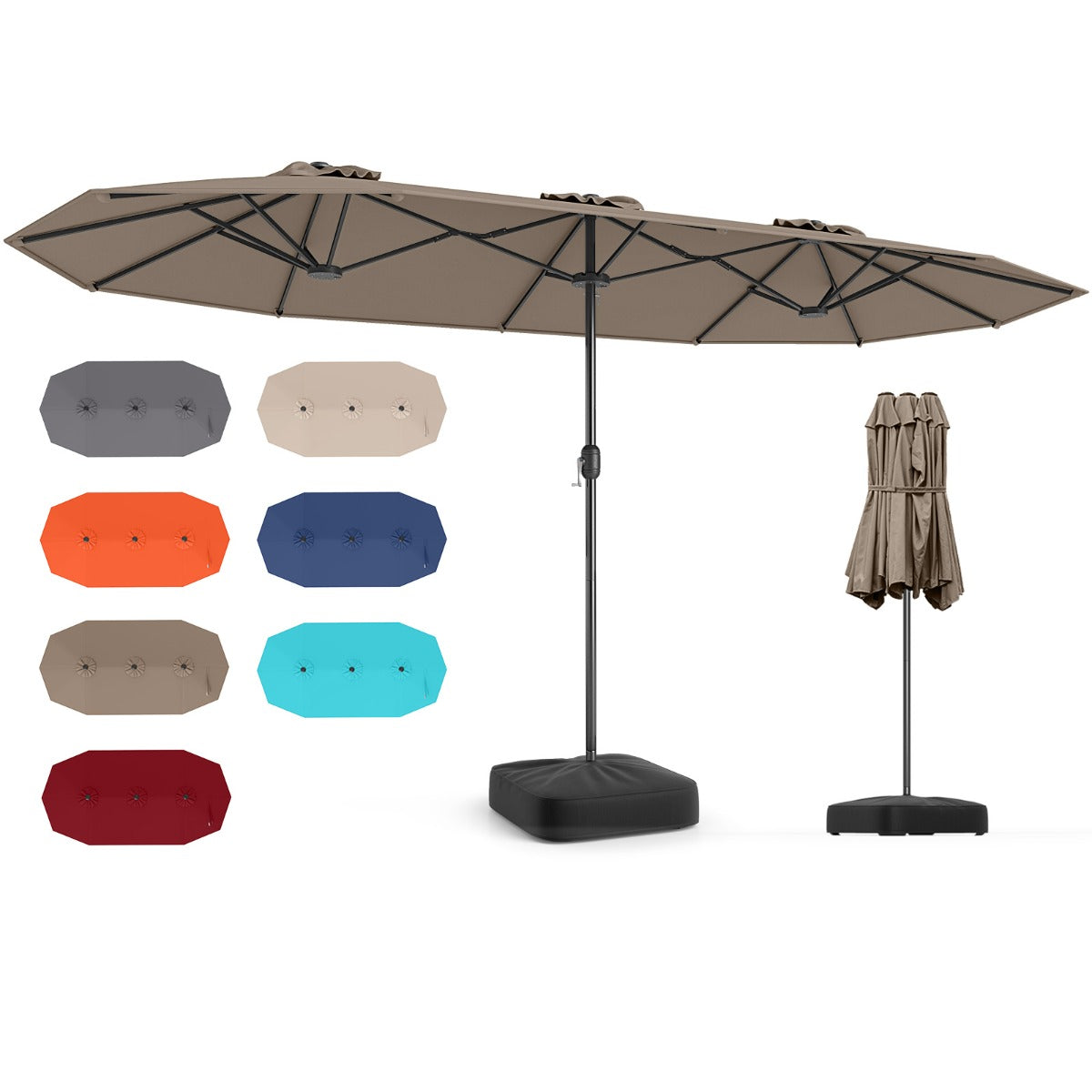 4 M Double-sided Patio Umbrella with Crank Handle, Umbrella Base for Garden Pool Backyard-Brown