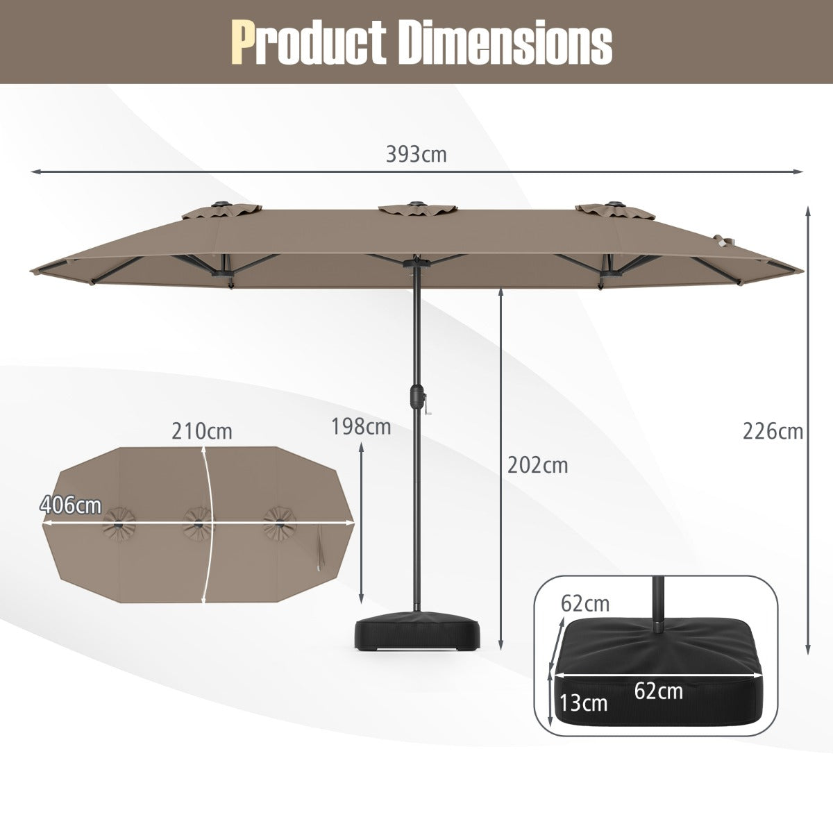 4 M Double-sided Patio Umbrella with Crank Handle, Umbrella Base for Garden Pool Backyard-Brown