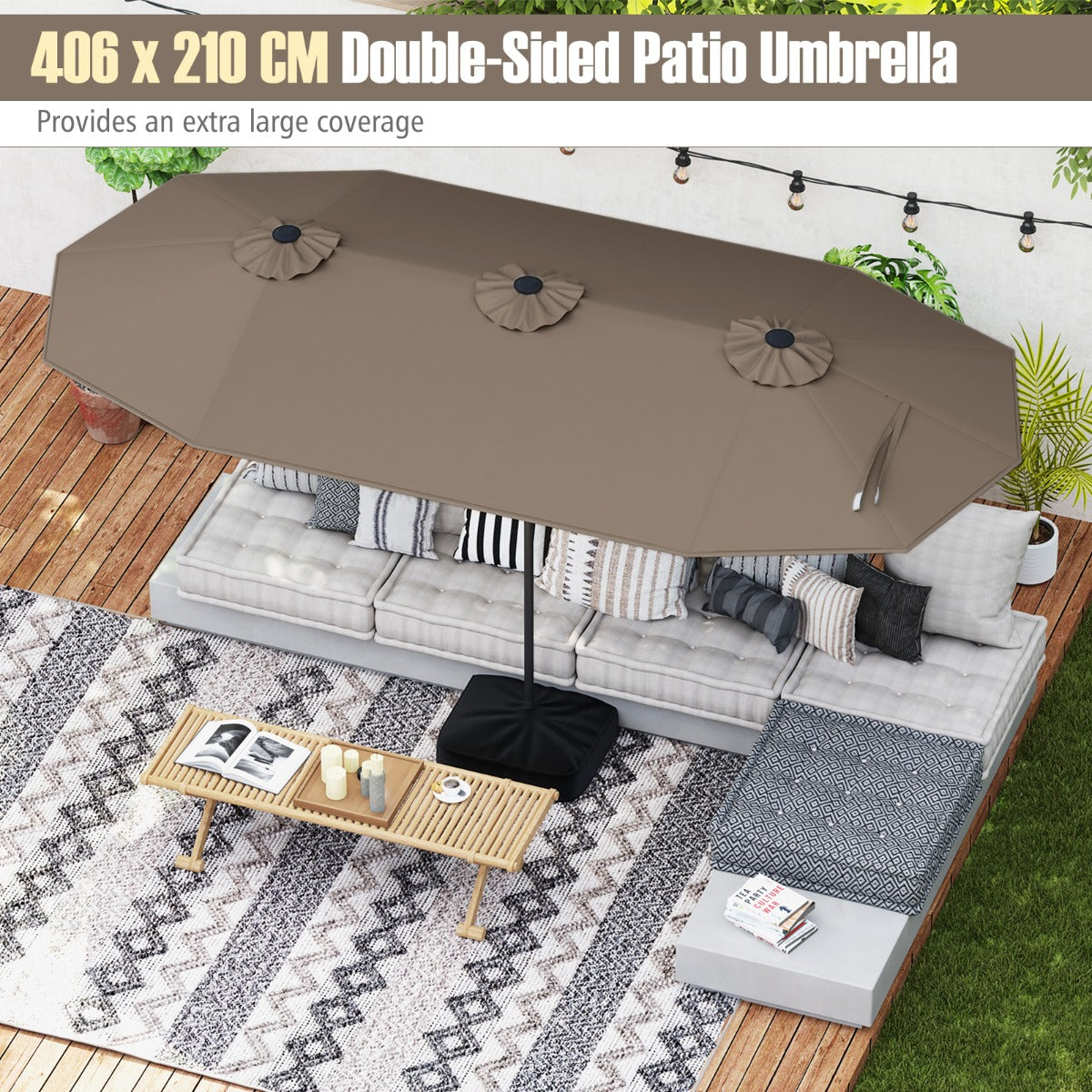 4 M Double-sided Patio Umbrella with Crank Handle, Umbrella Base for Garden Pool Backyard-Brown