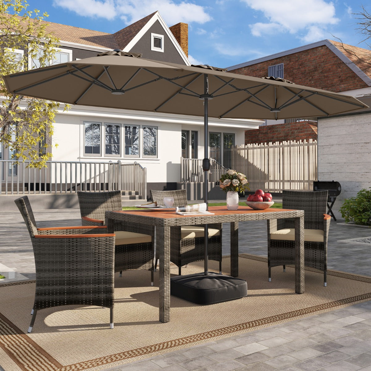 4 M Double-sided Patio Umbrella with Crank Handle, Umbrella Base for Garden Pool Backyard-Brown