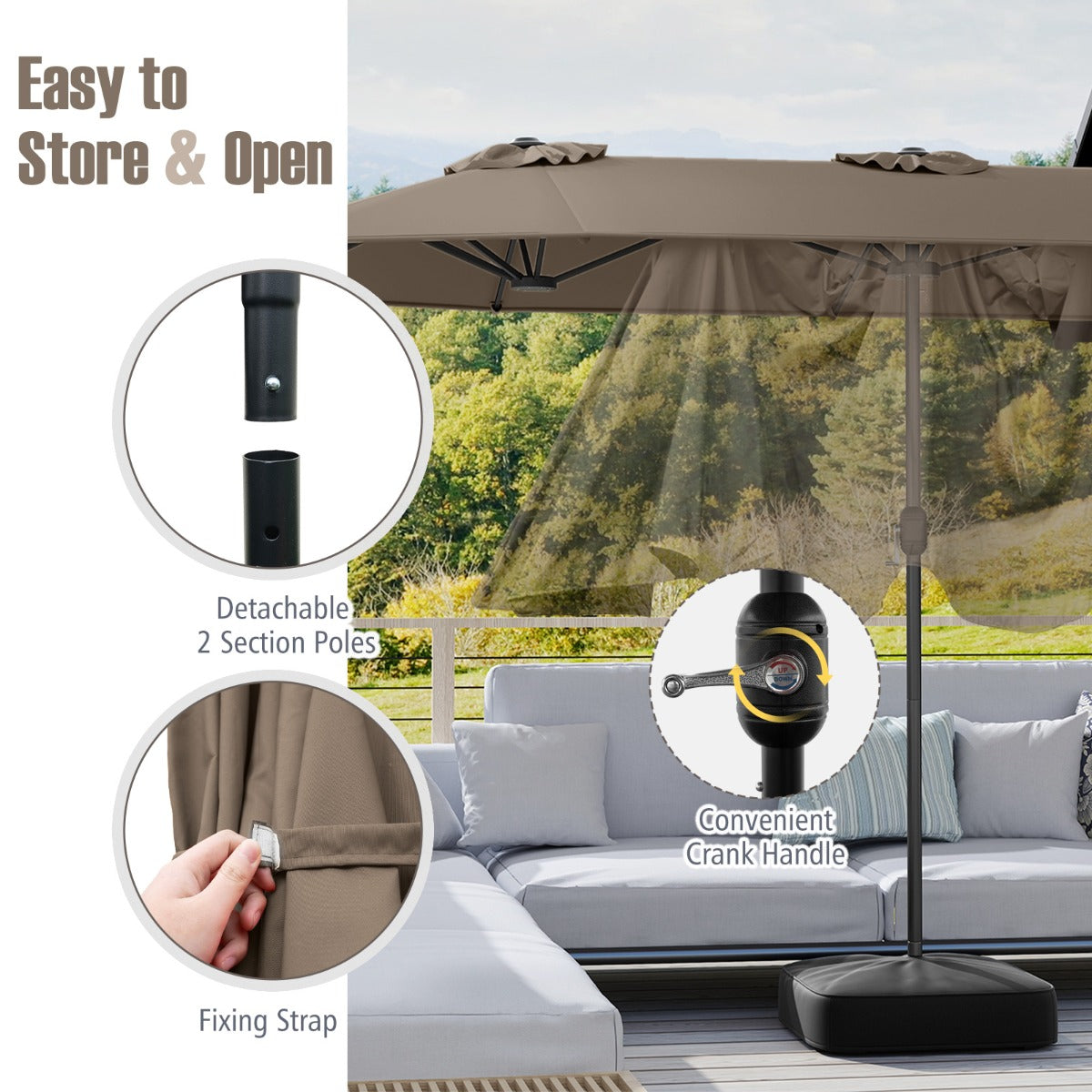 4 M Double-sided Patio Umbrella with Crank Handle, Umbrella Base for Garden Pool Backyard-Brown