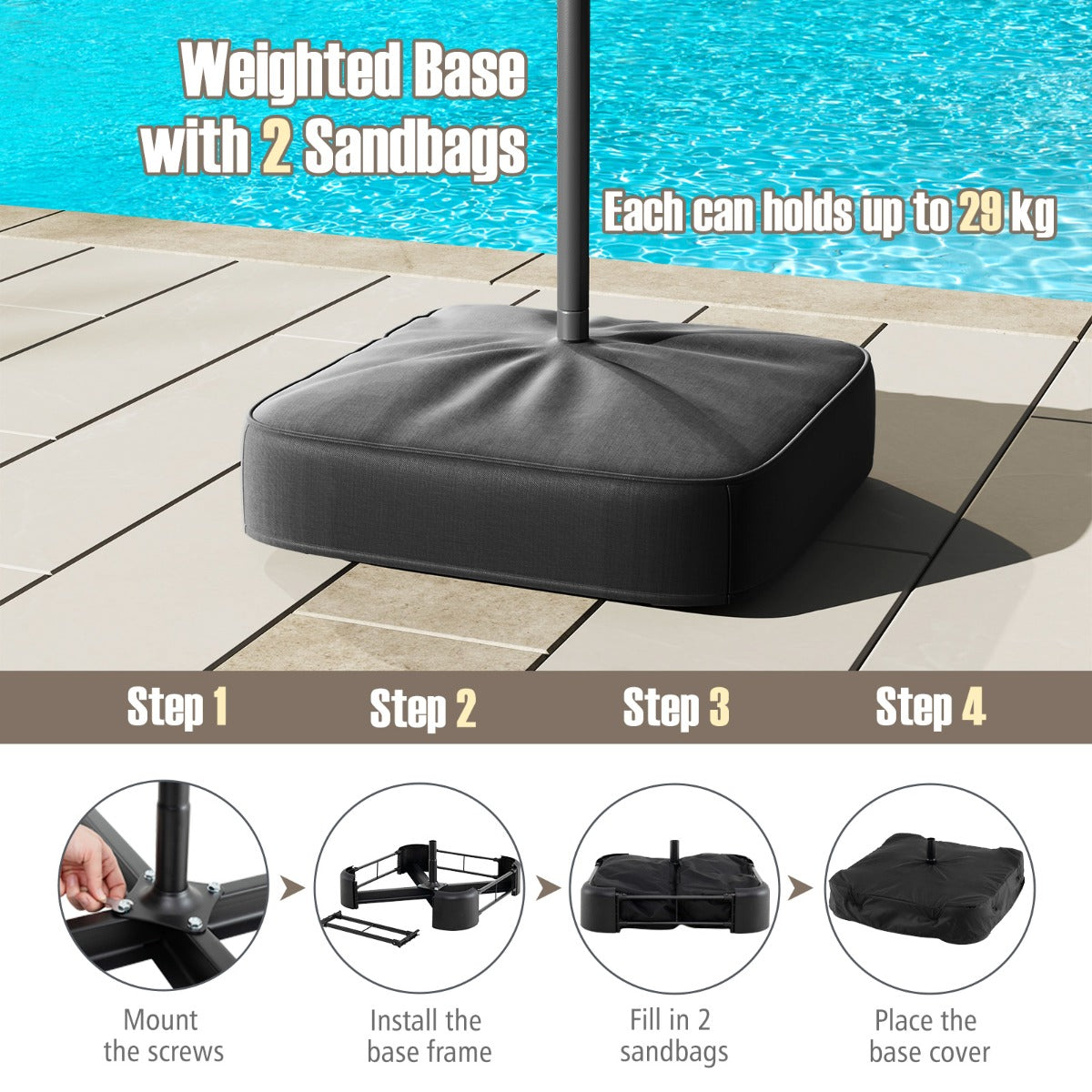 4 M Double-sided Patio Umbrella with Crank Handle, Umbrella Base for Garden Pool Backyard-Brown