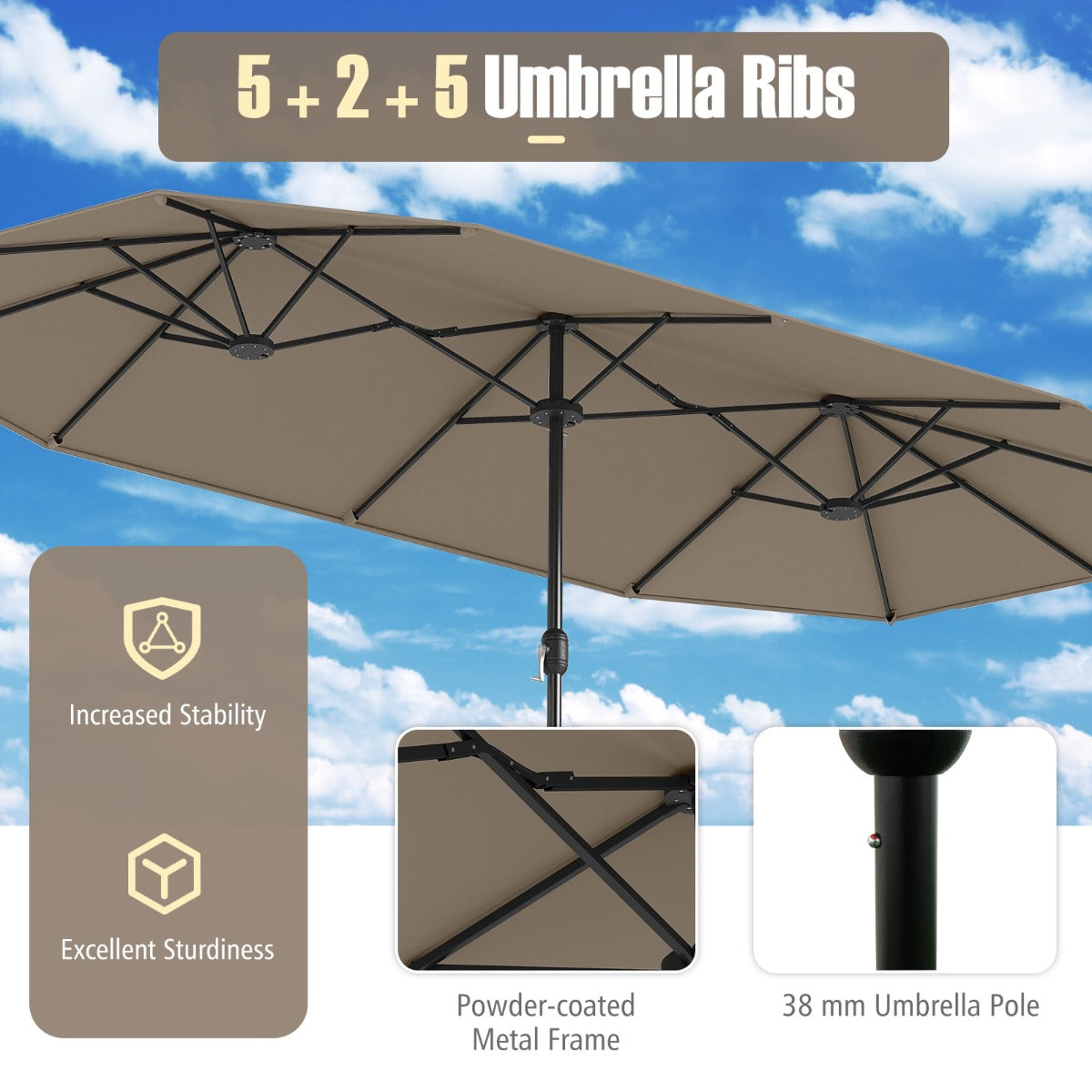 4 M Double-sided Patio Umbrella with Crank Handle, Umbrella Base for Garden Pool Backyard-Brown