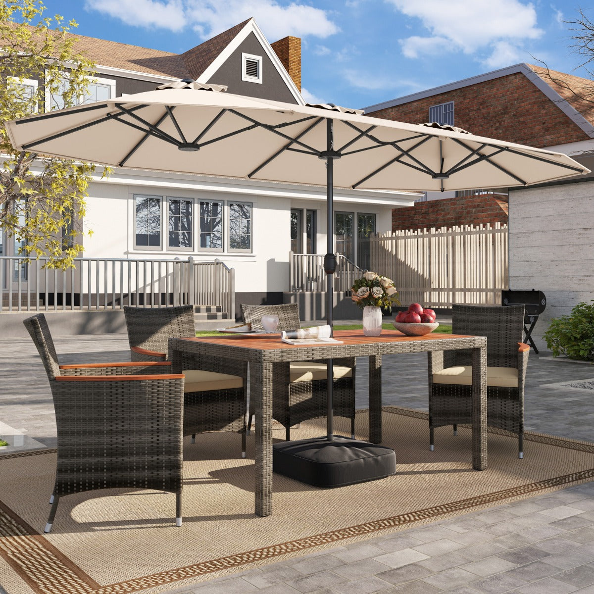 4 M Double-sided Patio Umbrella with Crank Handle, Umbrella Base for Garden Pool Backyard-Beige