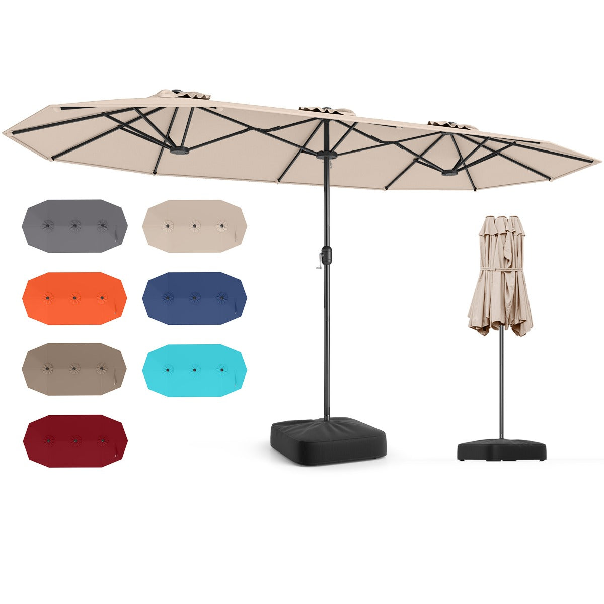 4 M Double-sided Patio Umbrella with Crank Handle, Umbrella Base for Garden Pool Backyard-Beige