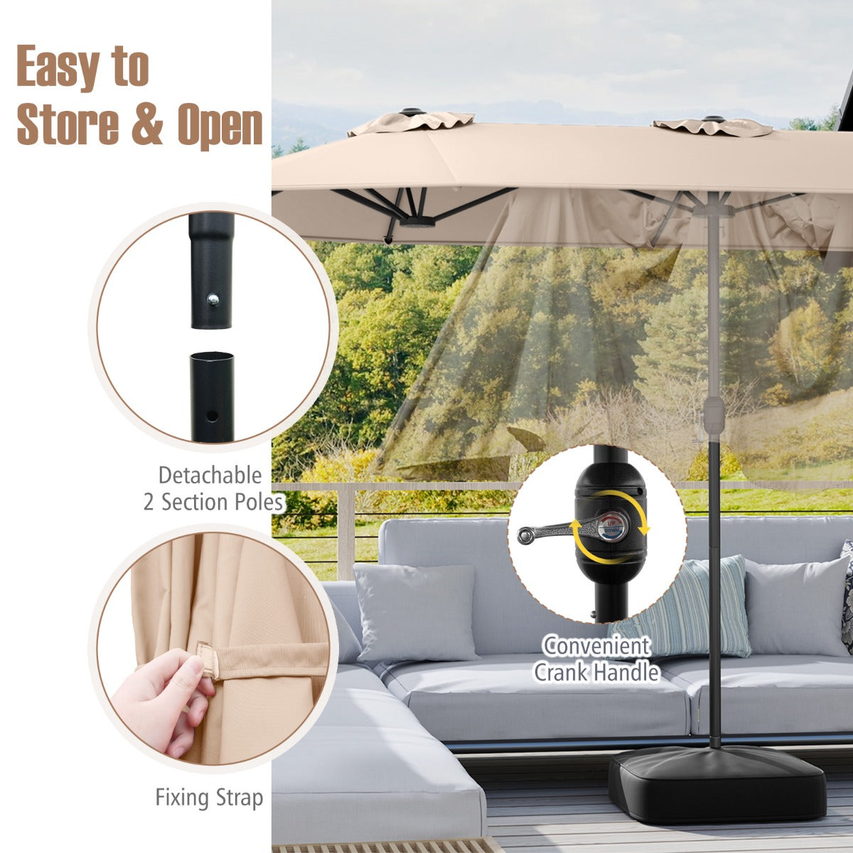 4 M Double-sided Patio Umbrella with Crank Handle, Umbrella Base for Garden Pool Backyard-Beige