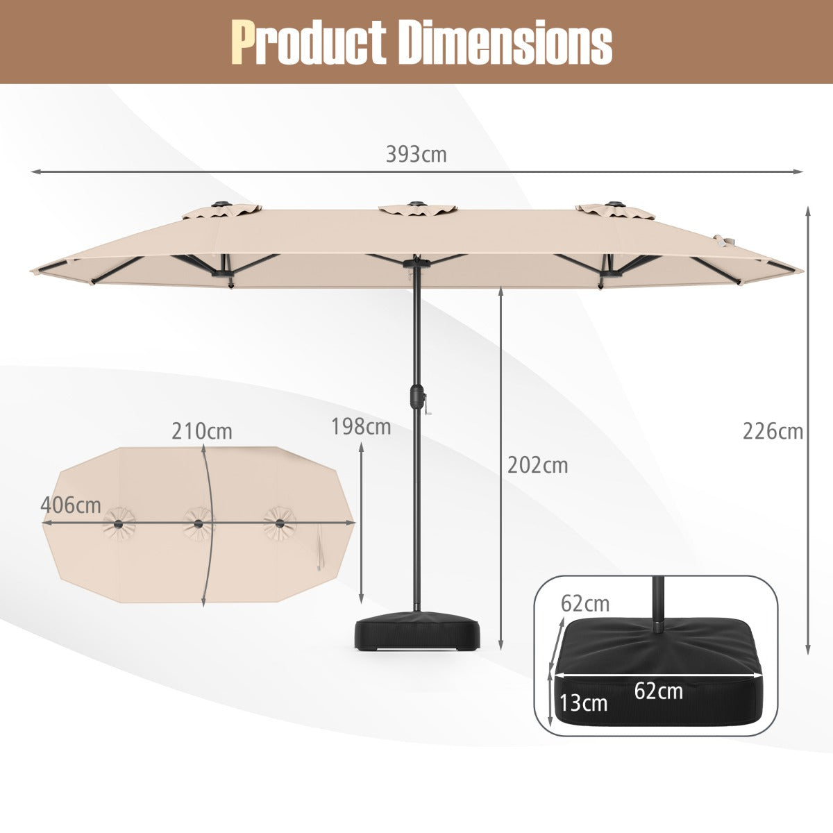 4 M Double-sided Patio Umbrella with Crank Handle, Umbrella Base for Garden Pool Backyard-Beige