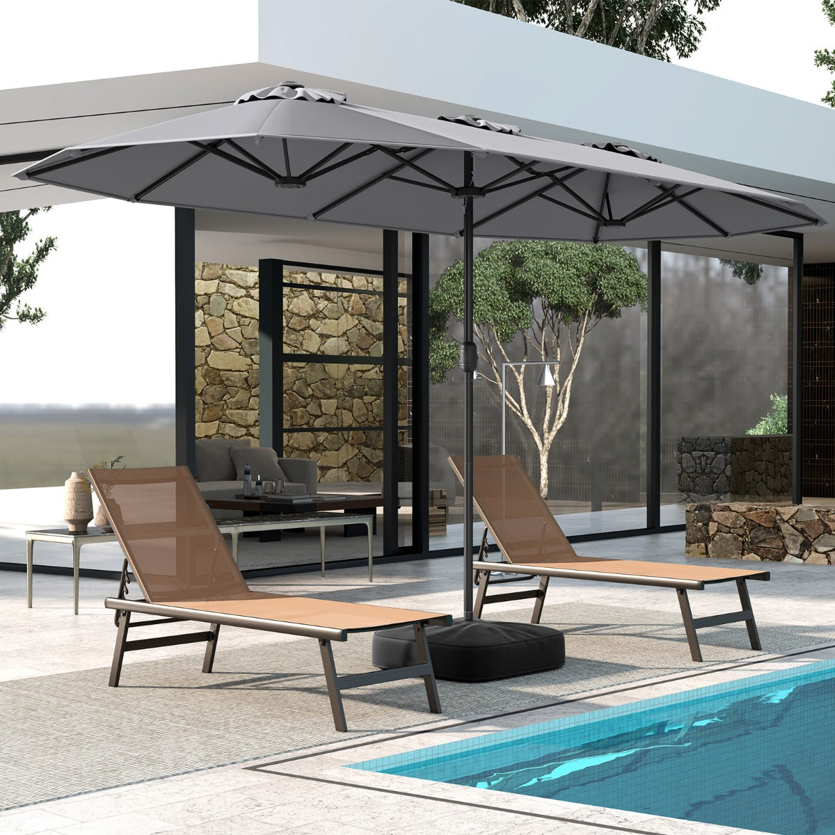 4 M Double-sided Patio Umbrella with Crank Handle, Umbrella Base for Garden Pool Backyard-Grey
