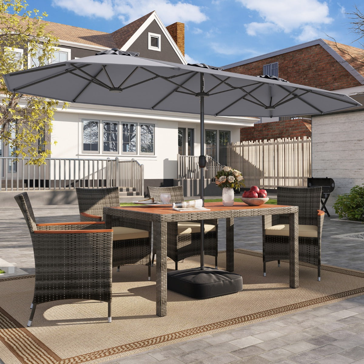 4 M Double-sided Patio Umbrella with Crank Handle, Umbrella Base for Garden Pool Backyard-Grey