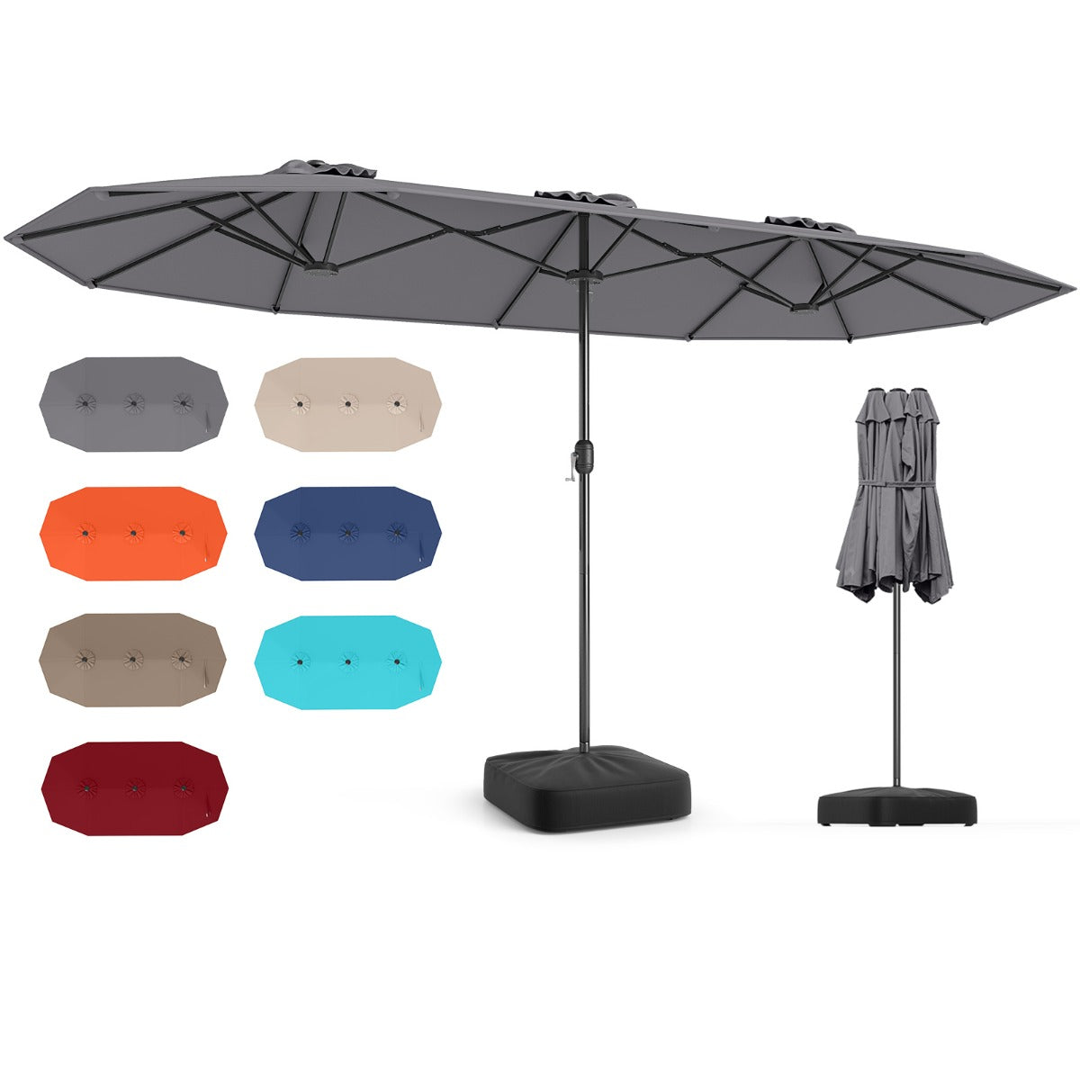 4 M Double-sided Patio Umbrella with Crank Handle, Umbrella Base for Garden Pool Backyard-Grey