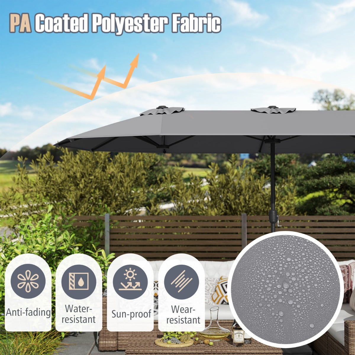 4 M Double-sided Patio Umbrella with Crank Handle, Umbrella Base for Garden Pool Backyard-Grey