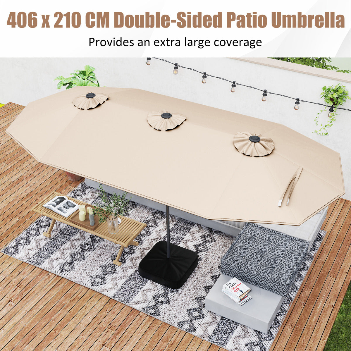 4 m Double-Sided Patio Umbrella with Base and Solar Lights-Beige