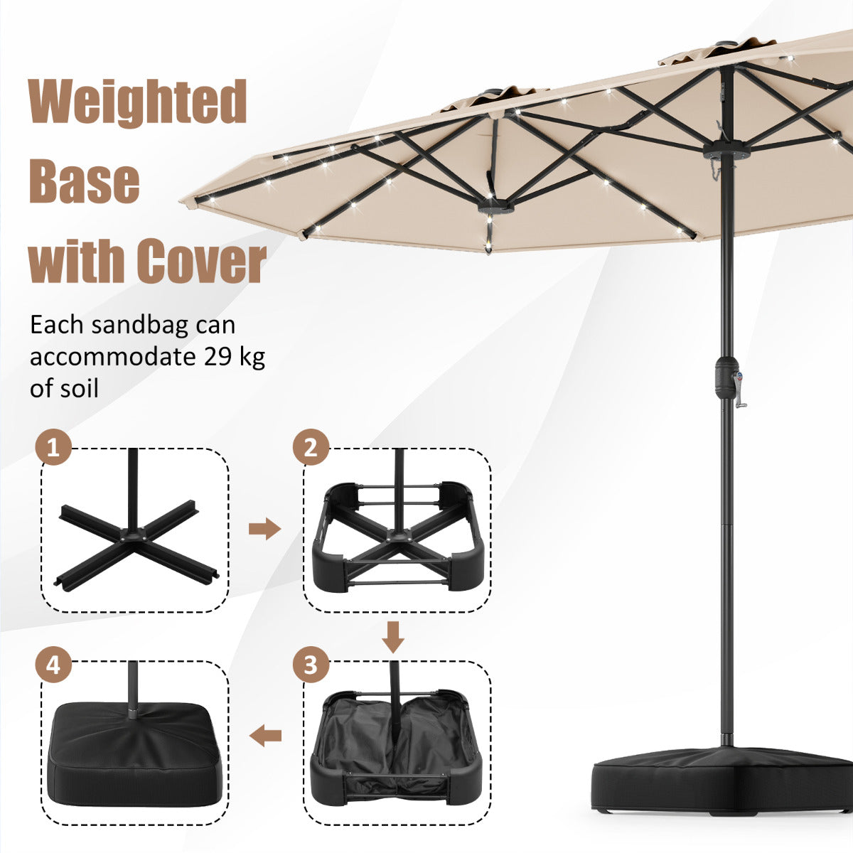4 m Double-Sided Patio Umbrella with Base and Solar Lights-Beige