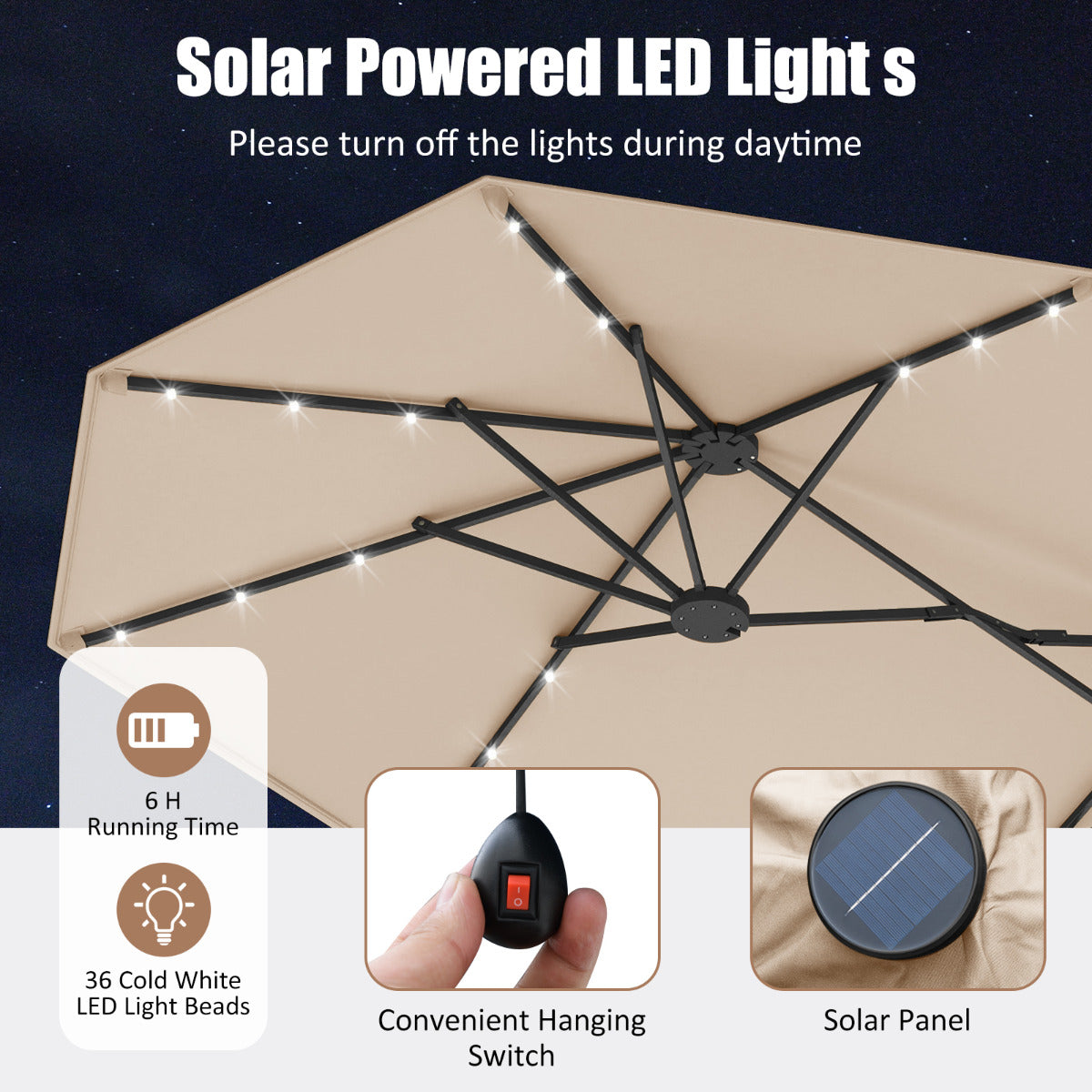 4 m Double-Sided Patio Umbrella with Base and Solar Lights-Beige